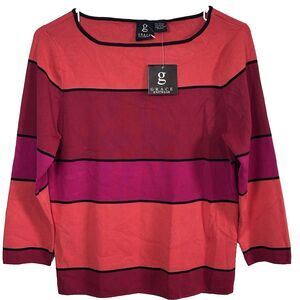 Grace Knitwear Colorblock Knit Sweater Top Women Large Coral Red Black Trim 3/4